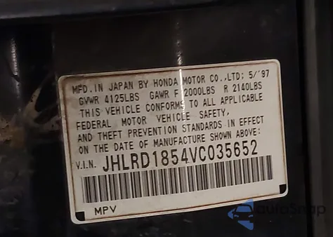 1997 Honda Cr-V из США, поврежденный, VIN JHLRD1854VC035652